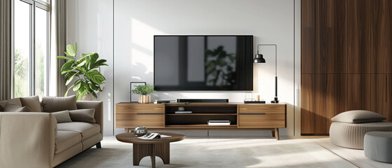 Serene Minimalist Living Room with Wooden TV Cabinet and White Walls