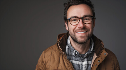 Obraz premium Smiling Man in Glasses and Casual Outfit with Jacket and Plaid Shirt