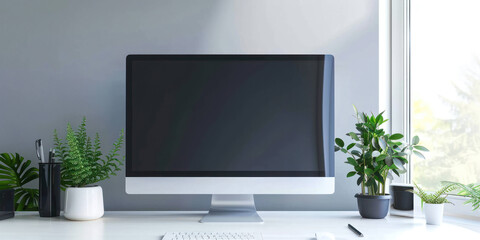 Fototapeta premium Modern Minimalist Workspace with Computer Monitor and Office Supplies for Productivity