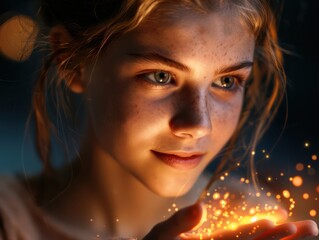 Fototapeta premium Woman Holding Glowing Inspiration, Solution Fragment, Creative Ideas, Problem Solving, Innovative Thinking, Empowerment, Success, Vision, Future, Hope, Bright Ideas, Breakthrough, Discovery