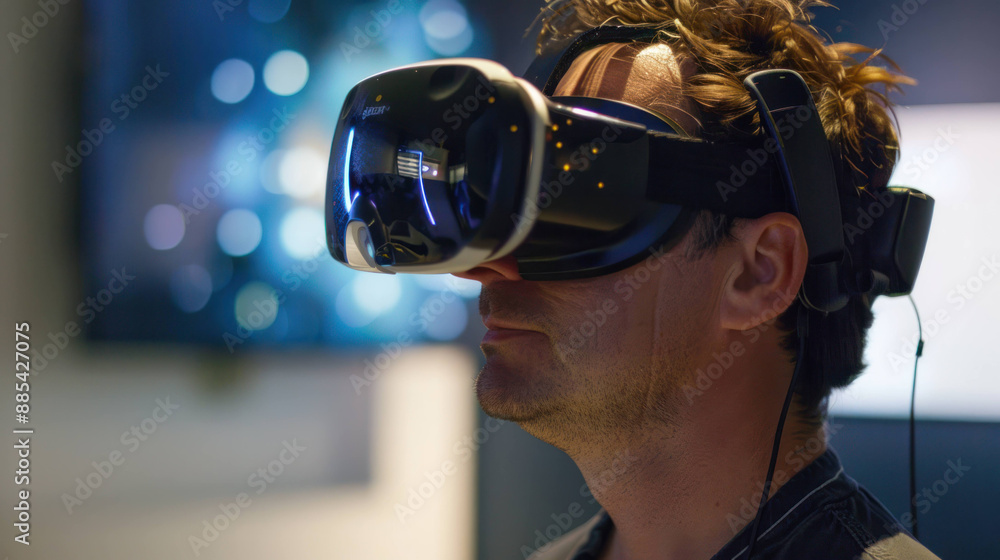 Poster immersed in the virtual world: man experiencing vr environment through goggles