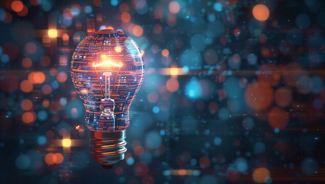 Image of a light bulb filled with digital elements (circuit patterns, binary code, etc.), with a small AI-generated logo around it.デジタル要素（回路パターンやバイナリーコードなど）で満たされた電球の画像、周囲に小さなAI生成のロゴ。Generative AI