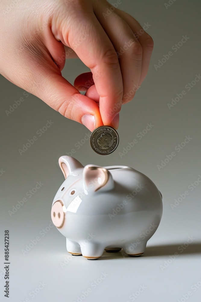 Poster a macro image of a hand inserting a single coin into a minimalist piggy bank ai generated illustrati