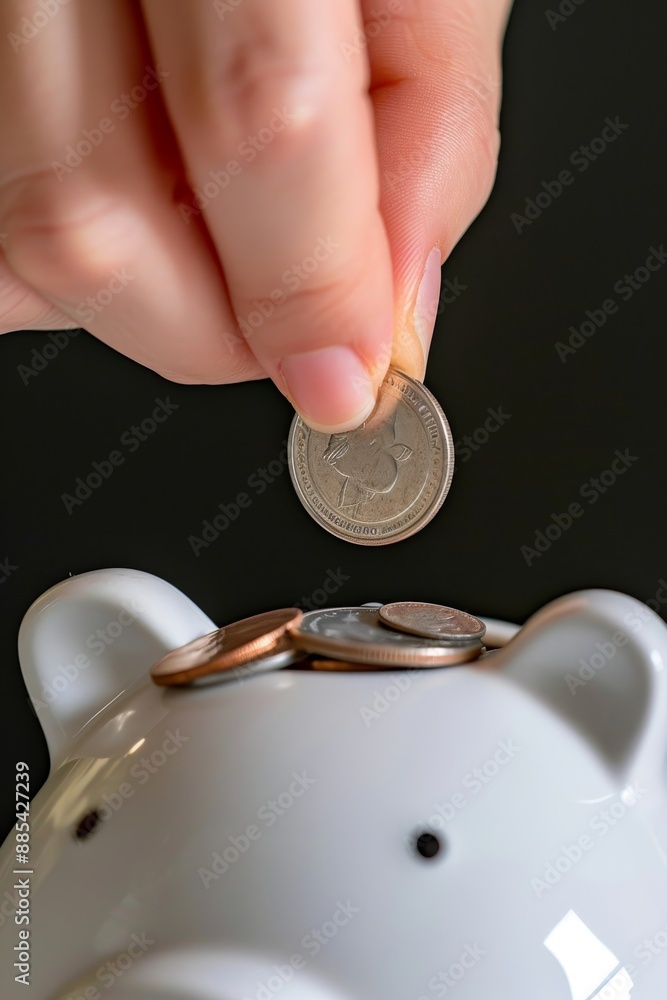 Poster a macro image of a hand inserting a single coin into a minimalist piggy bank ai generated illustrati