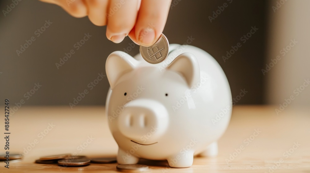Poster a macro image of a hand inserting a single coin into a minimalist piggy bank ai generated illustrati