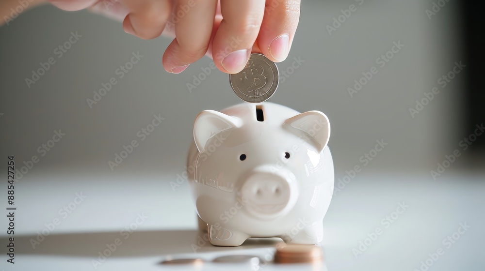 Poster a macro image of a hand inserting a single coin into a minimalist piggy bank ai generated illustrati