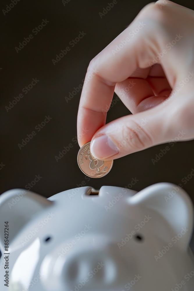 Poster A macro image of a hand inserting a single coin into a minimalist piggy bank AI generated illustration