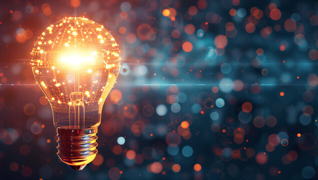 Image of a light bulb filled with digital elements (circuit patterns, binary code, etc.), with a small AI-generated logo around it.デジタル要素（回路パターンやバイナリーコードなど）で満たされた電球の画像、周囲に小さなAI生成のロゴ。Generative AI