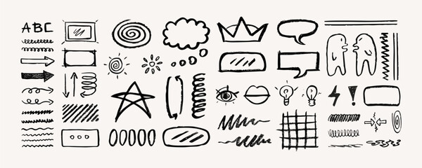 Set of freehand charcoal doodles, arrows, different signs and symbols, graphic design decorations. Vector illustration.