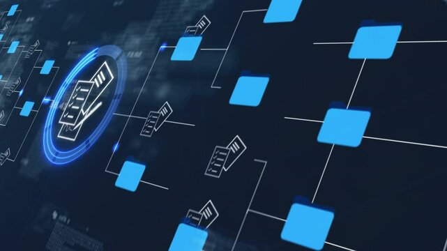 futuristic holographic interface file folder structure documents and data scanning, digital document storage software, cloud computing database, and manage documents, paperless office,