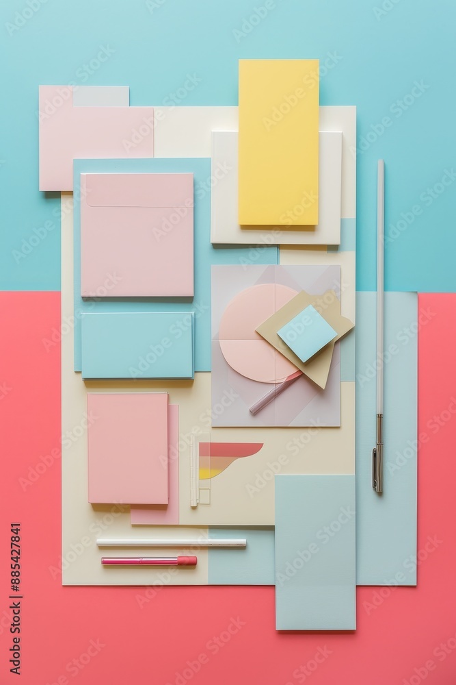 Poster a macro shot of a flat lay arrangement of stationery items with minimalistic design ai generated ill