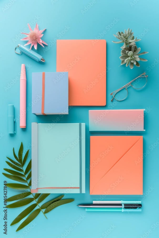 Poster a macro shot of a flat lay arrangement of stationery items with minimalistic design ai generated ill