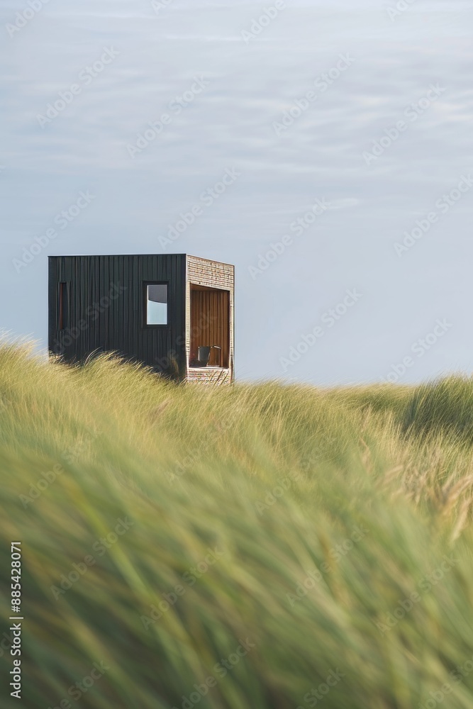 Aufkleber a macro shot of a small isolated house in a grass field with minimalist cubic architecture ai genera