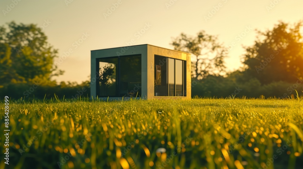 Poster A macro shot of a small isolated house in a grass field with minimalist cubic architecture AI generated illustration