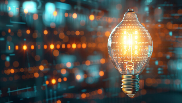 Image of a light bulb filled with digital elements (circuit patterns, binary code, etc.), with a small AI-generated logo around it.デジタル要素（回路パターンやバイナリーコードなど）で満たされた電球の画像、周囲に小さなAI生成のロゴ。Generative AI
