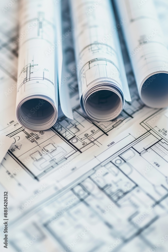 Poster a macro shot of architectural blueprints rolled up and arranged in a flat lay ai generated illustrat