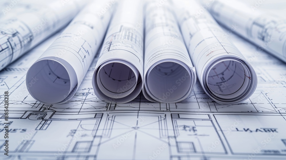 Poster a macro shot of architectural blueprints rolled up and arranged in a flat lay ai generated illustrat