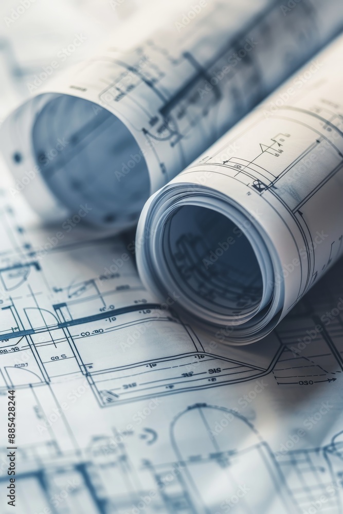 Poster a macro shot of architectural blueprints rolled up and arranged in a flat lay ai generated illustrat