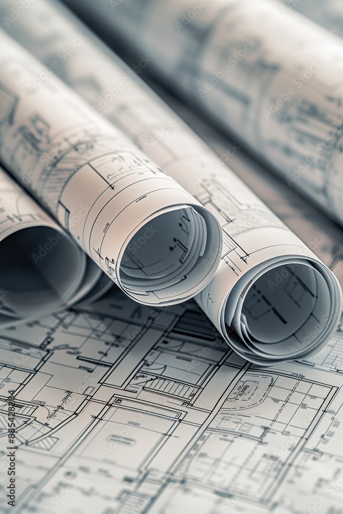 Poster a macro shot of architectural blueprints rolled up and arranged in a flat lay ai generated illustrat