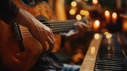 A musician playing an acoustic guitar alongside a piano with warm ambient lighting in a cozy room,...