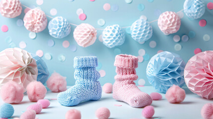 Cute gender reveal party invitation with little pink and blue socks and balloons