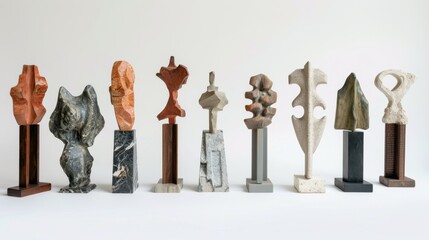 Sturdy sculpture stands arranged in a row, ready to support various art pieces on an isolated white background