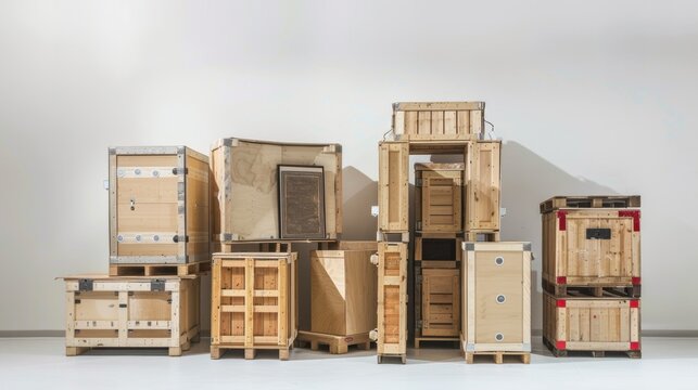 Art transport crates stacked and ready for shipment, ensuring the safe delivery of artworks on an isolated white background