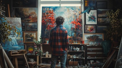 Obraz premium Artist in colorful gallery surrounded by nature paintings, creating vibrant artwork. Inspiration and creativity in a beautifully cluttered studio.