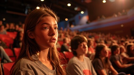 Fototapeta premium Audience members attentively watch a performance in a theater filled with seated people under warm lighting.