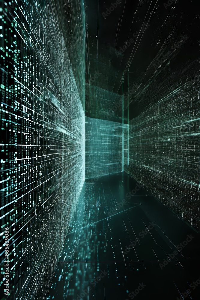 Aufkleber a matrix-style 3d network of code in a dark room ai generated illustration