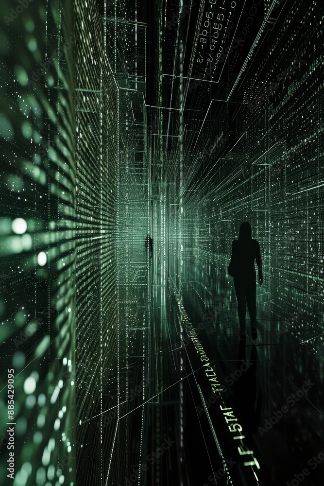Poster a matrix-style 3d network of code in a dark room ai generated illustration