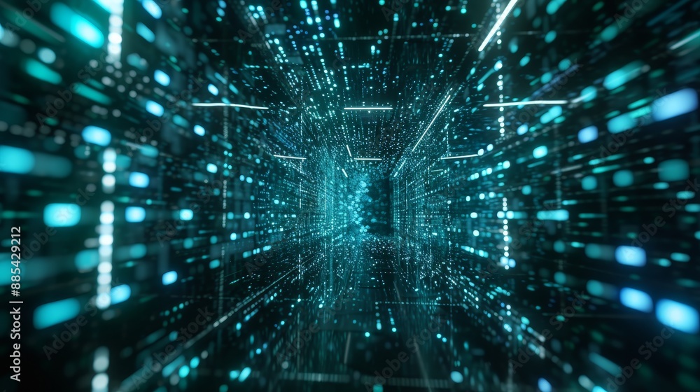 Poster a matrix-style 3d network of code in a dark room ai generated illustration