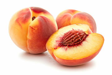 Pesca intera e tagliata a met&agrave; con nocciolo su sfondo neutro