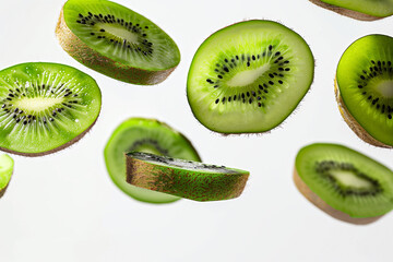 Fototapeta premium fette di kiwi che fluttuano su sfondo neutro