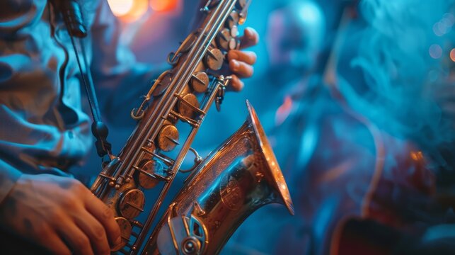 Close-up of a saxophonist playing in a vibrant, smoke-filled jazz club with blue ambient lighting.