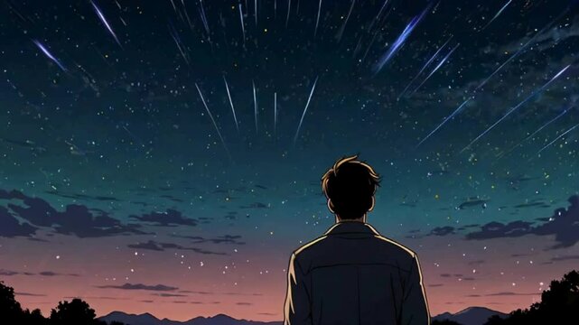  Anime Boy Silhouette Looking Up at Night Sky with Multiple Shooting Stars