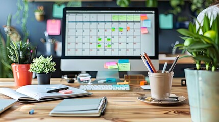 A social media manager scheduling posts using a content calendar tool, with a well-organized interface.