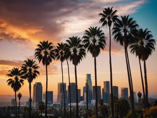 Picturesque sunset backdrop of Los Angeles downtown skyline and palm trees