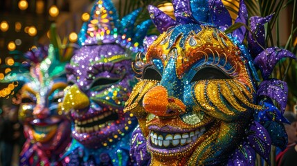 Colorful, vibrant carnival masks decorated with glitter and sequins, showcasing festive celebration and artistic craftsmanship.