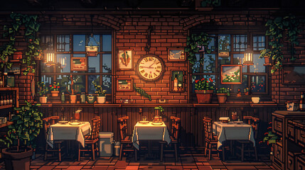 Pixel art of a pretty dining room with pixelated dishes and a decorative wall