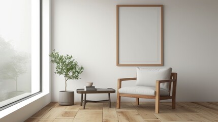 Fototapeta premium A minimalistic movie poster captured within a wooden frame in a stark modern room AI generated illustration