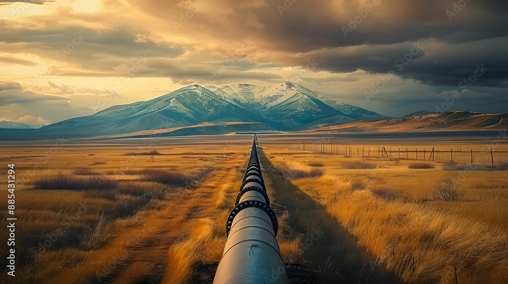 Sticker Oil pipeline running through a field towards a mountain in the distance.