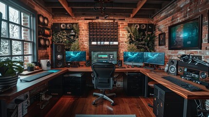 Modern home music studio with brick walls, dual monitors, sound equipment, cozy atmosphere, and an ergonomic chair for comfortable music production.