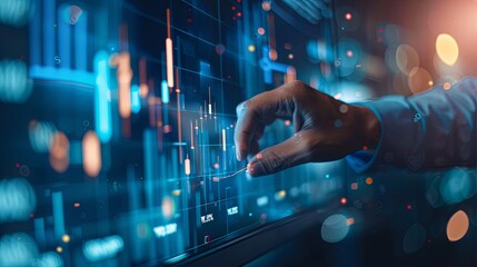 Fototapeta premium Interest rate and dividend concept, Businessman touching analyzing the economic growth graph for investment growth. business financial investment, business growth, income, marketing and profit 