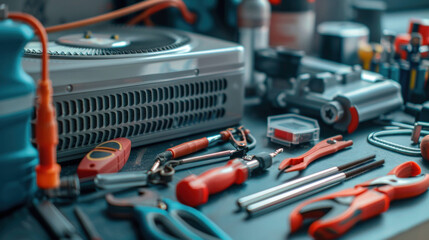 Naklejka premium Professional Air Conditioner Repair Tools Arranged Neatly on Workbench in Workshop