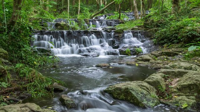 Waterfall in tropical rainforest in Namtok Samlan National Park, Saraburi, Thailand; zoom out - Time Lapse