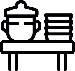 Simple black and white line drawing of a restaurant kitchen table with cooking pot and plates on top