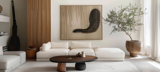 minimal interior living room with artwork framed