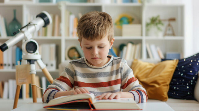 Child reading science book with nearby telescope on National Read A Book Day, theme of curiosity and exploration.