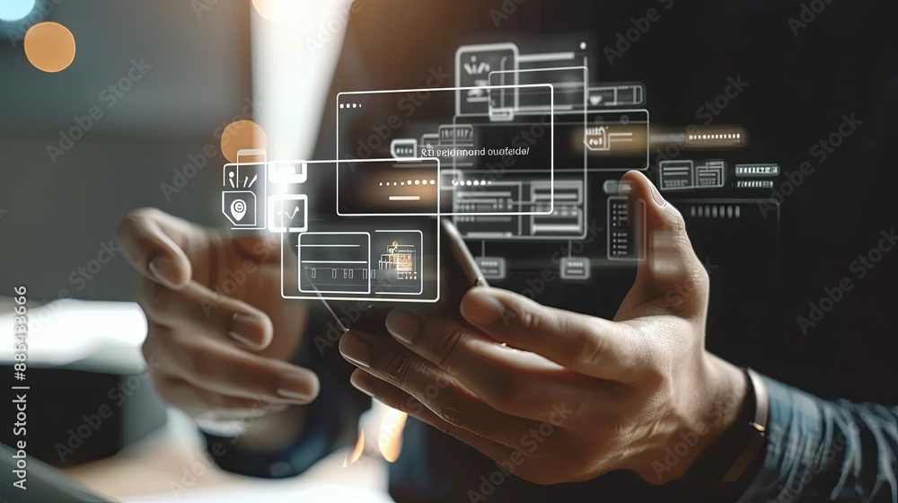 Poster invoice and online digital statements concept. businessman using smartphone with invoice icons on vi